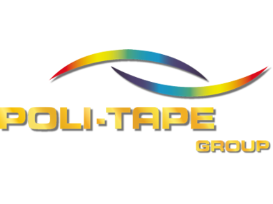 Logo Poli-Tape Group w kolorach tęczy i złotych literach
