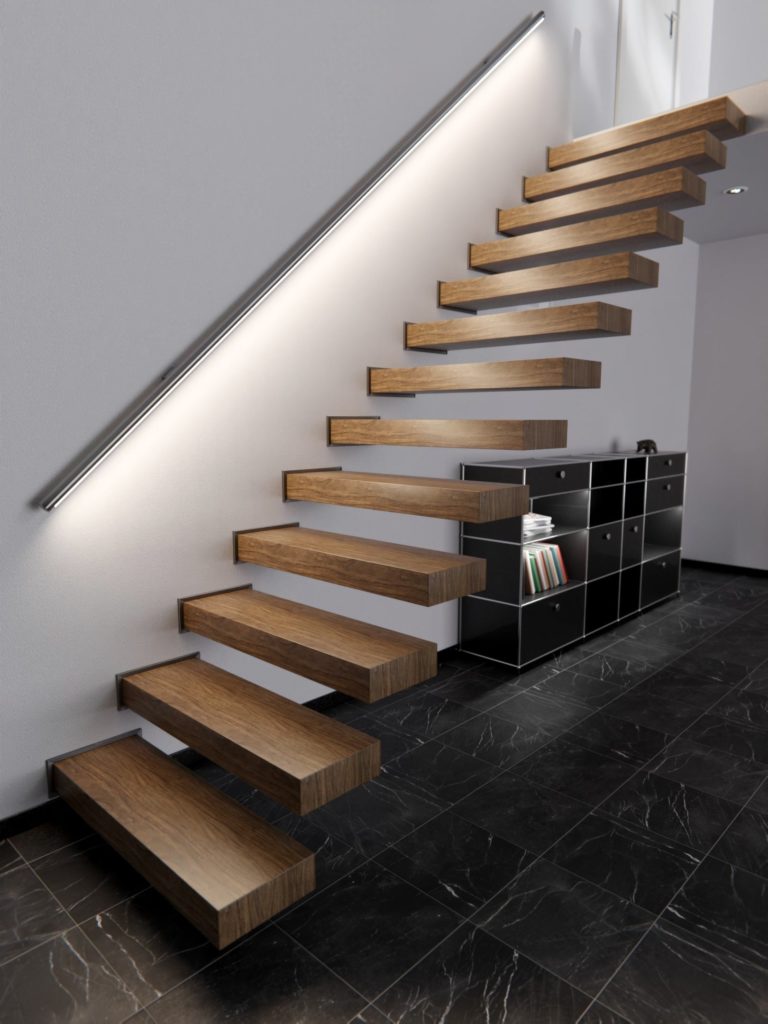 Nowoczesne schody drewniane z oświetleniem w minimalistycznym wnętrzu