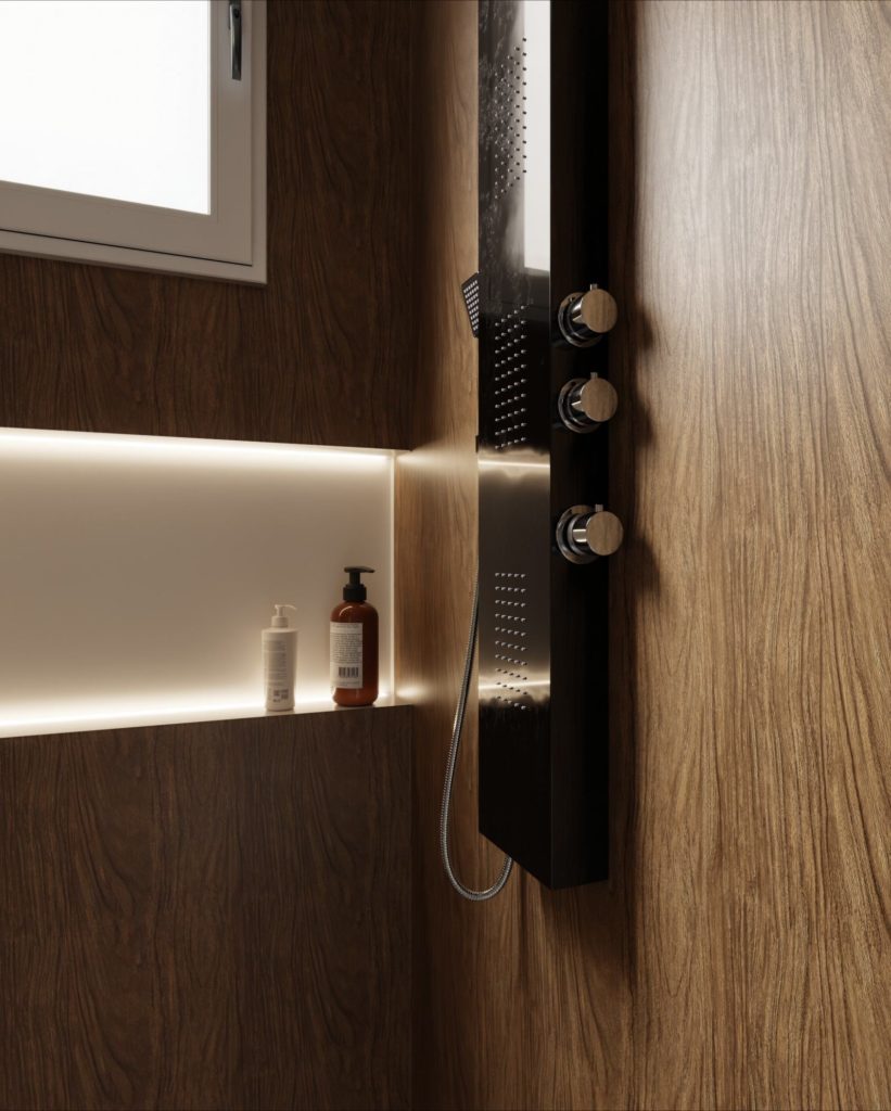 Nowoczesna kabina prysznicowa z drewnianymi panelami i kosmetykami