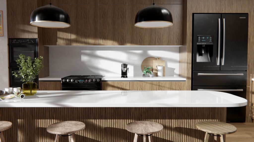 Nowoczesna kuchnia z drewnianymi akcentami i białym blatem