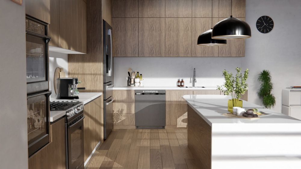 Nowoczesna kuchnia z drewnianymi szafkami i białym blatem