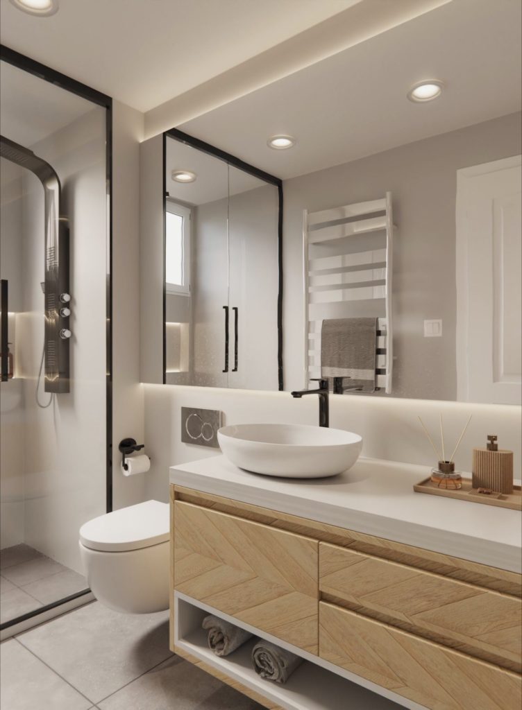 Nowoczesna łazienka z prysznicem, umywalką i drewnianymi akcentami