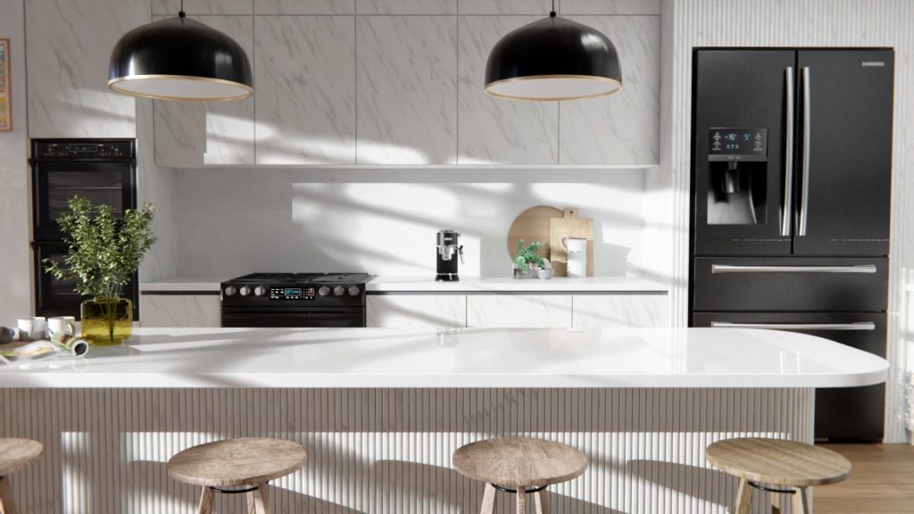 Nowoczesna kuchnia z białymi meblami i czarnymi akcentami.