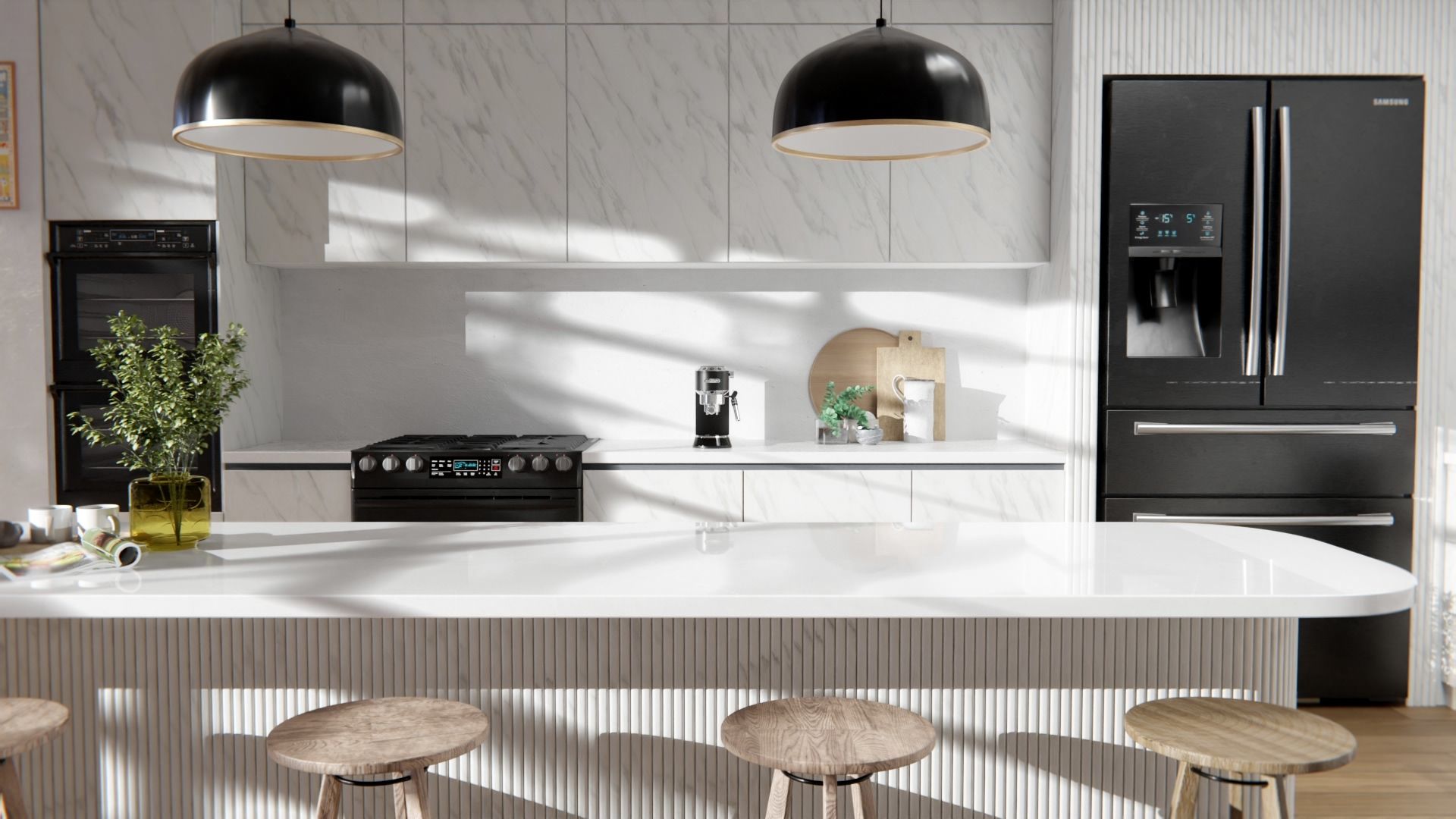 Nowoczesna kuchnia z białymi meblami i czarnymi akcentami.