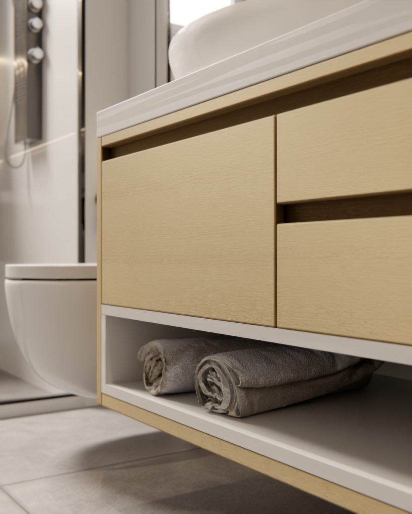 Nowoczesna łazienka z drewnianą szafką i złożonymi ręcznikami