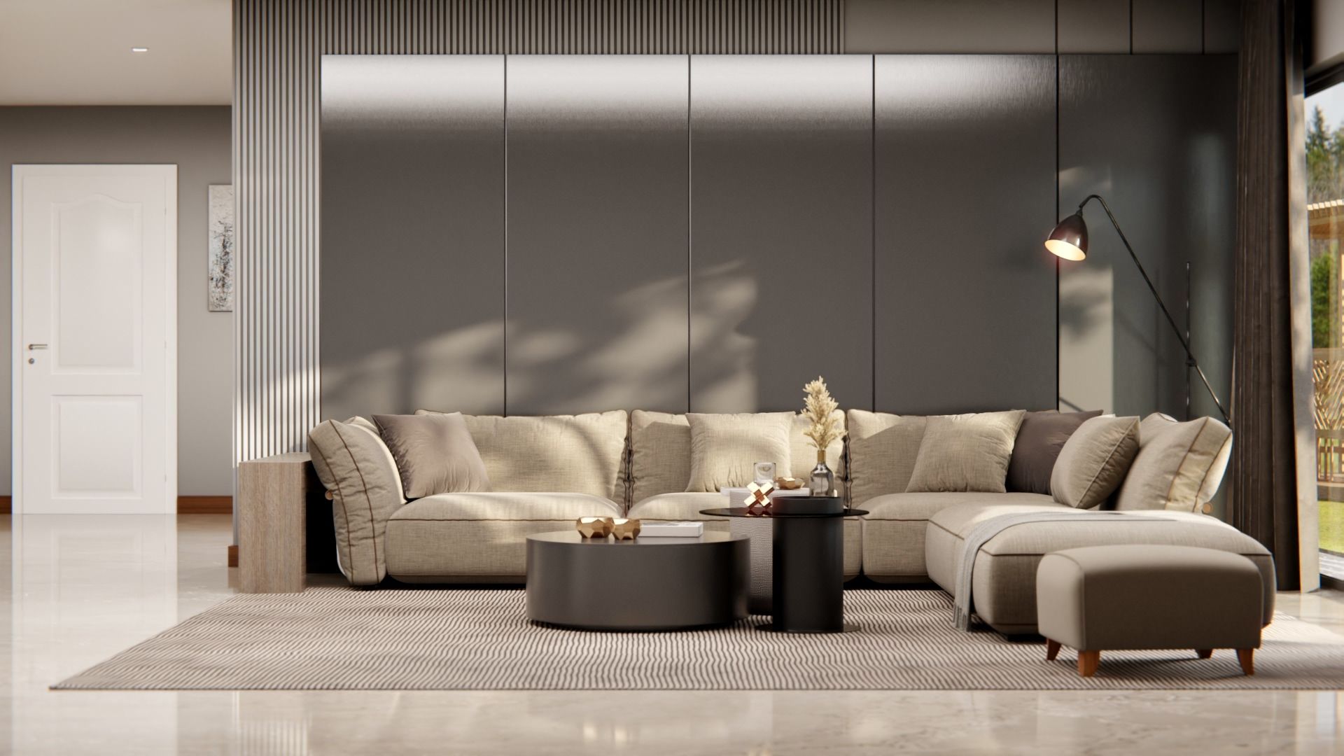 Nowoczesny salon z jasną sofą i eleganckim stolikiem kawowym