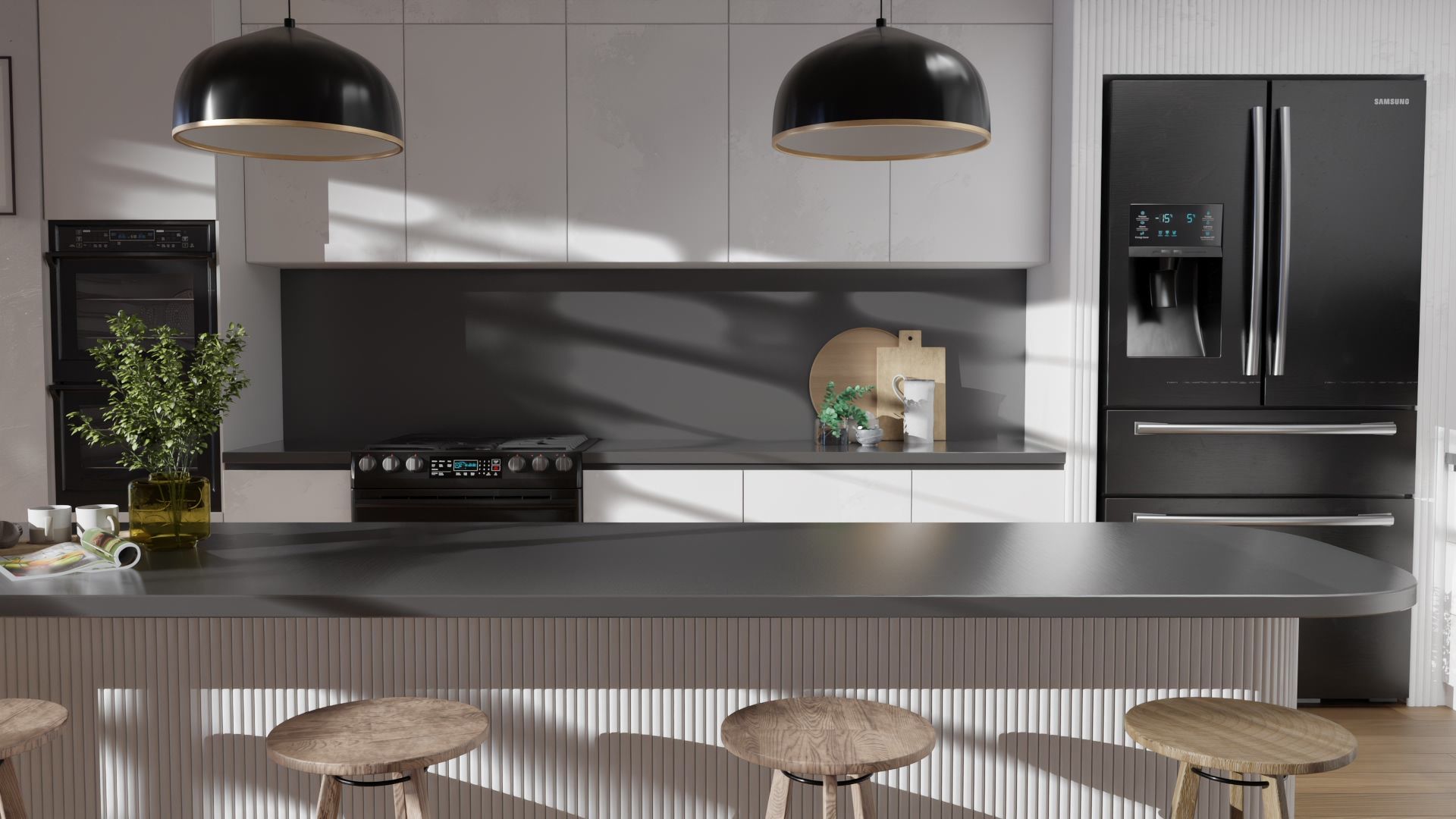 Nowoczesna kuchnia z czarnymi lampami i drewnianymi stołkami